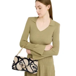 Borsa a Spalla Media LIU JO linea LaPuffy in Pelliccia Sintetica Beige con Logo All Over