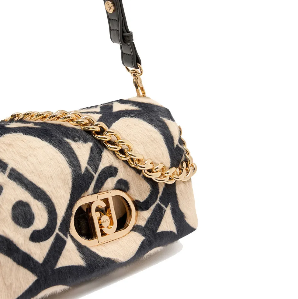 Borsa a Spalla Media LIU JO linea LaPuffy in Pelliccia Sintetica Beige con Logo All Over