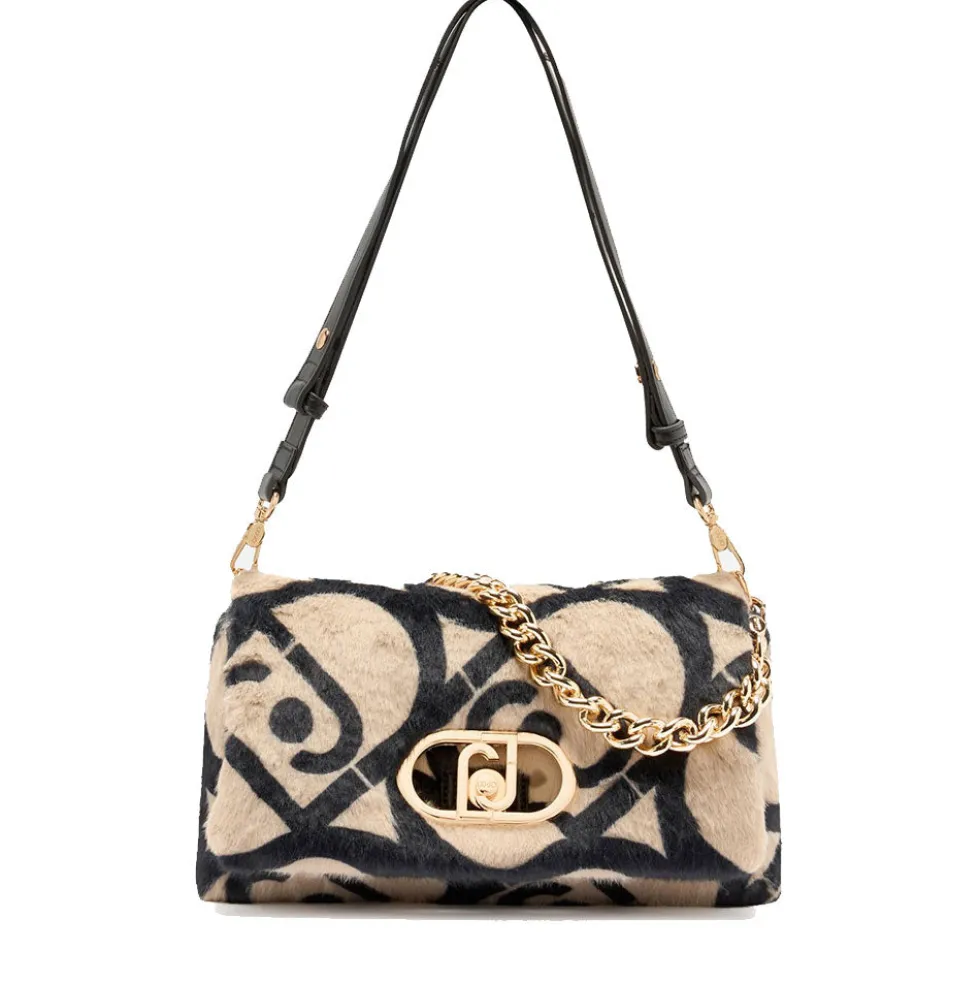 Borsa a Spalla Media LIU JO linea LaPuffy in Pelliccia Sintetica Beige con Logo All Over