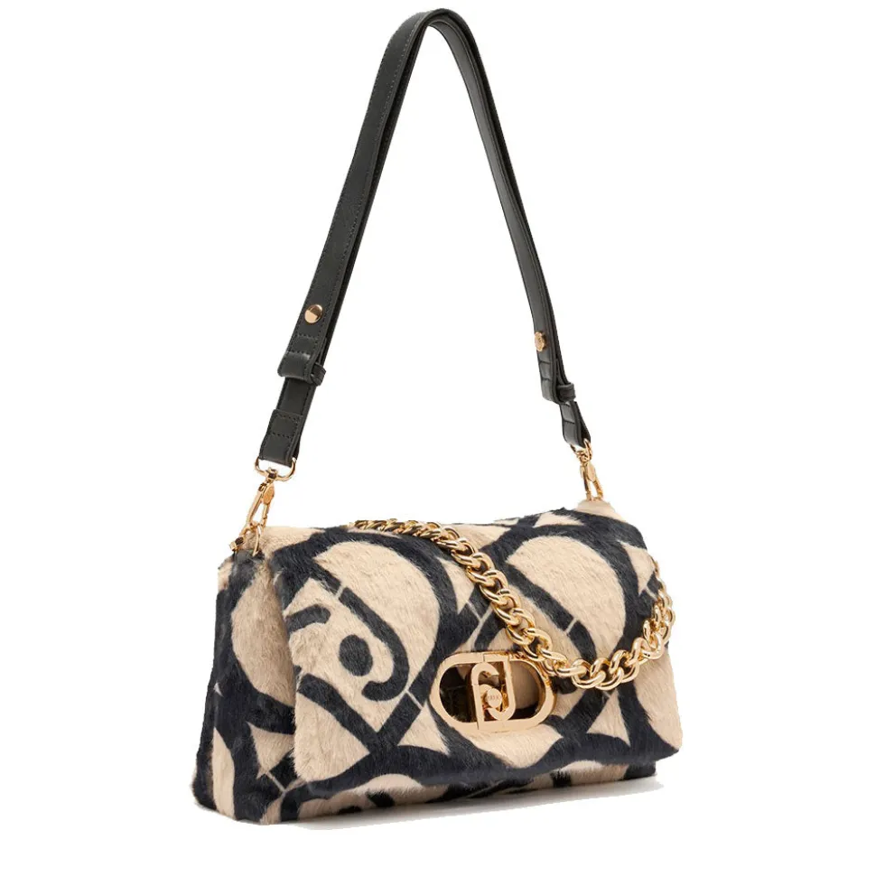 Borsa a Spalla Media LIU JO linea LaPuffy in Pelliccia Sintetica Beige con Logo All Over