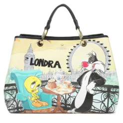 Borsa Donna a Mano Large BRACCIALINI linea Cartoline Looney Tunes stampa Londra