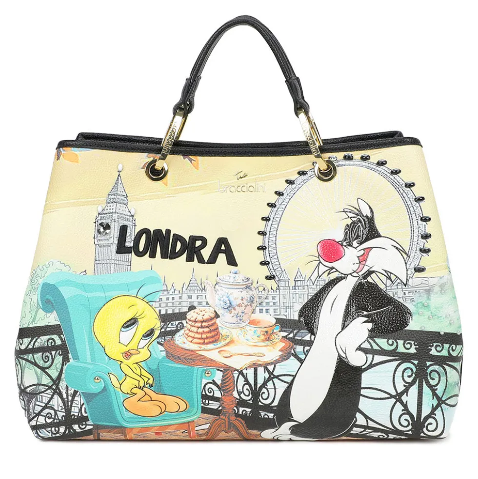 Borsa Donna a Mano Large BRACCIALINI linea Cartoline Looney Tunes stampa Londra