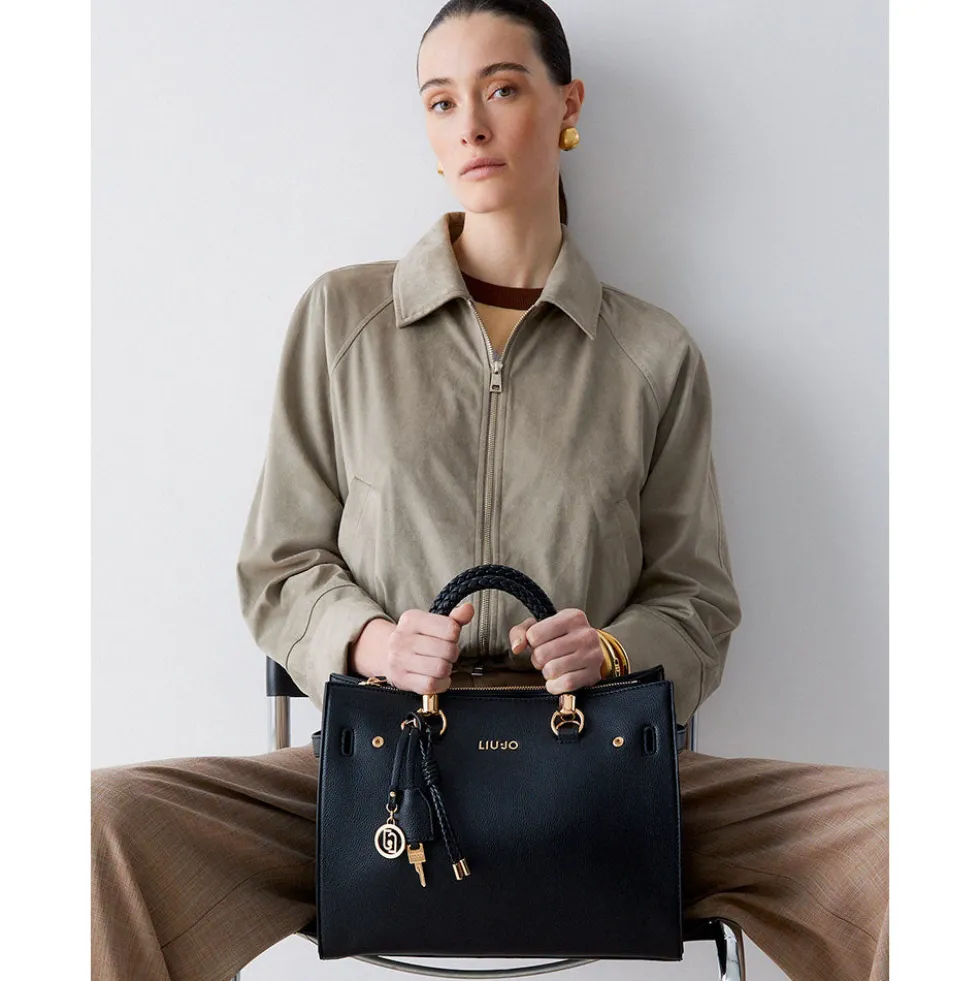 Borsa Donna a Mano Media LIU JO Better effetto Bottalato Nero con Charm