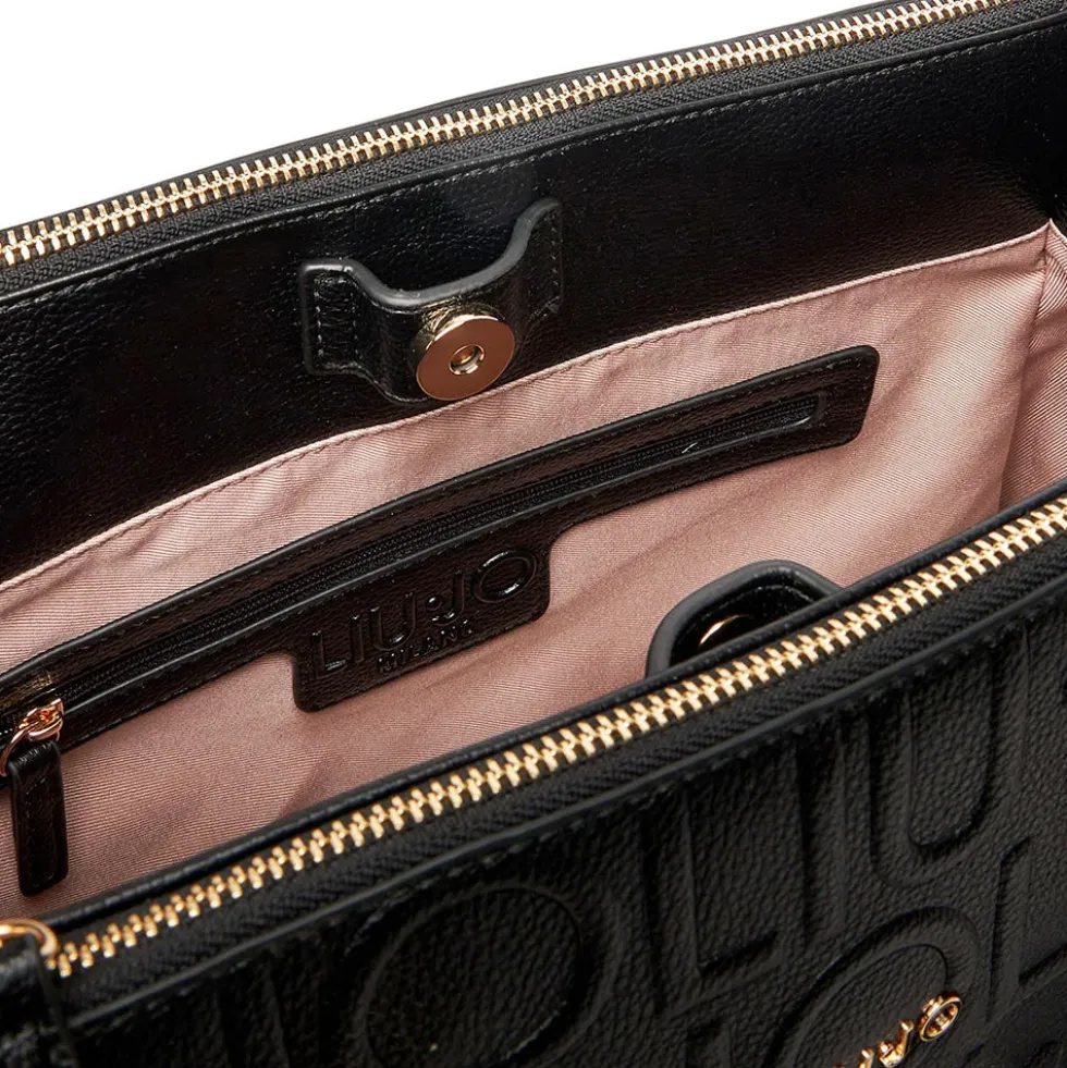 Borsa Donna a Mano Media LIU JO effetto Bottalato con Logo in Rilievo All Over Nero