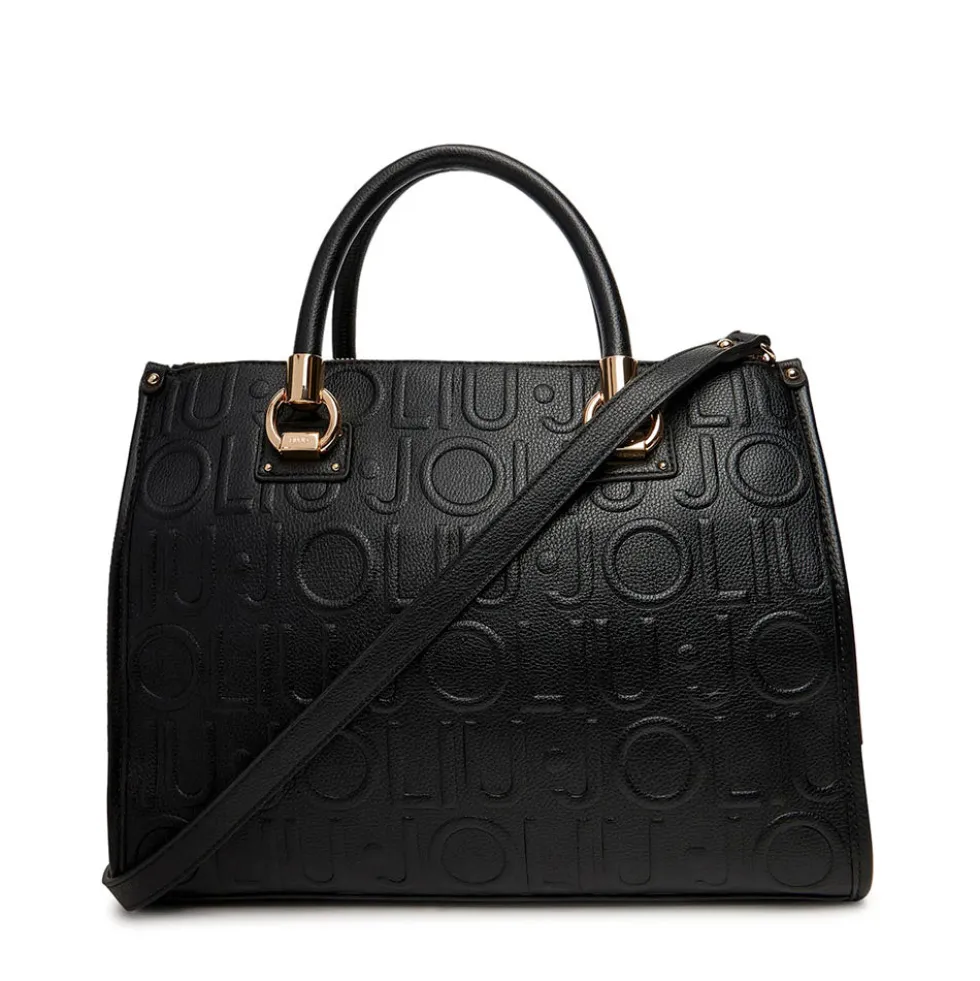 Borsa Donna a Mano Media LIU JO effetto Bottalato con Logo in Rilievo All Over Nero