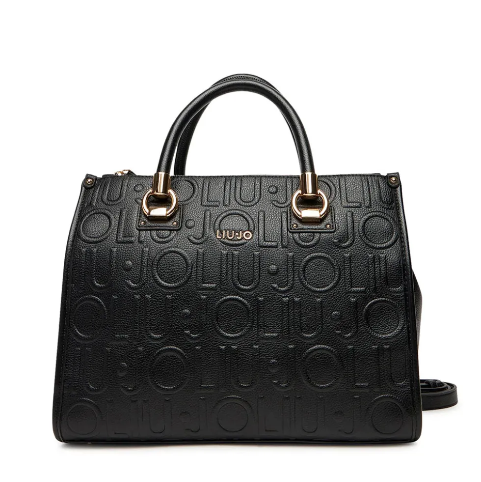 Borsa Donna a Mano Media LIU JO effetto Bottalato con Logo in Rilievo All Over Nero
