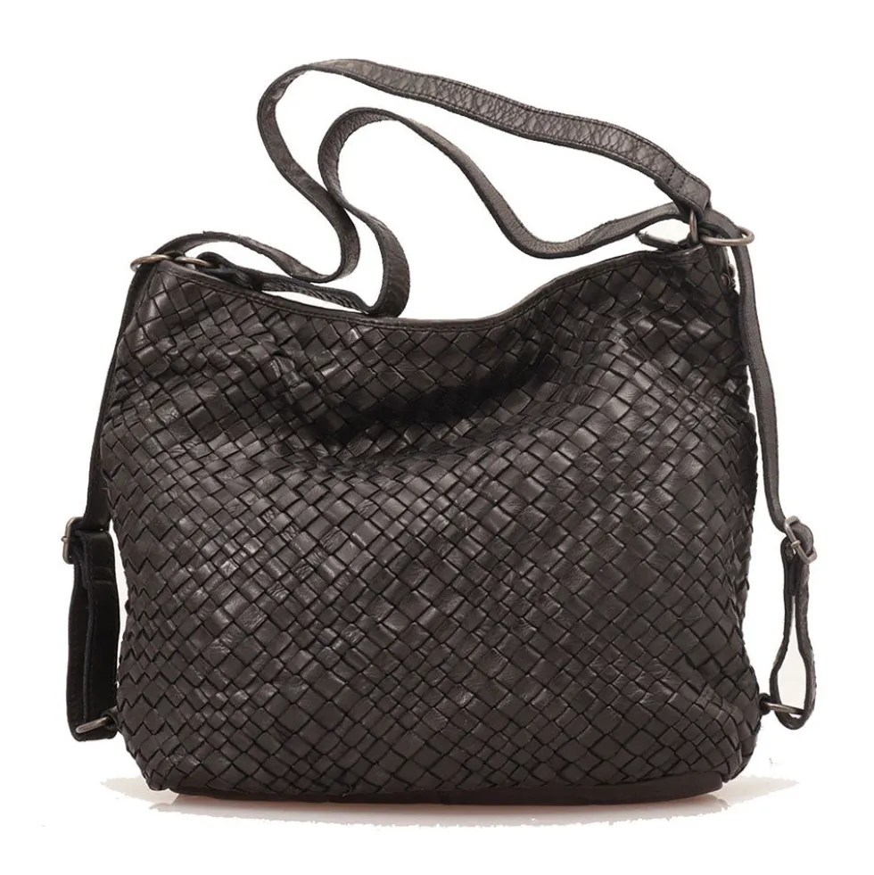 Borsa Donna con Portabilità a Zaino GIANNI CONTI in Pelle Intrecciata Nera