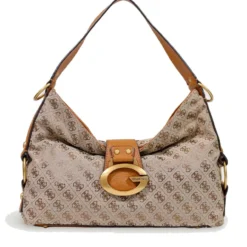 Borsa Donna Hobo a Spalla GUESS Linea Camden Colore Latte Logo - Cognac