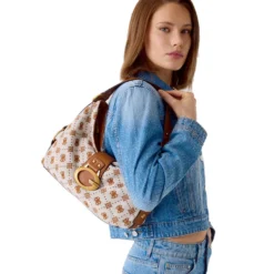 Borsa Donna Hobo a Spalla GUESS Linea Camden Colore Latte Logo - Cognac