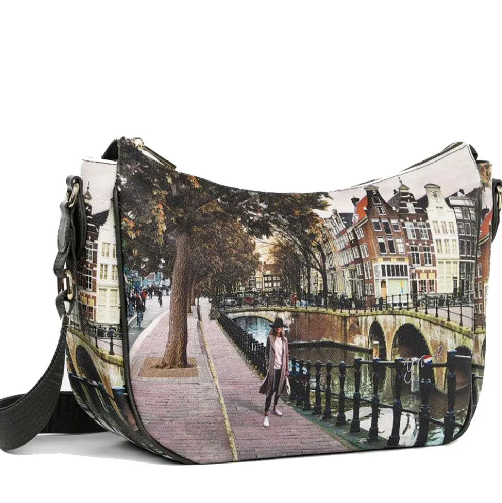 Borsa Donna Hobo Bag a Tracolla Y NOT YES-628 Stampa Amsterdam Bridge