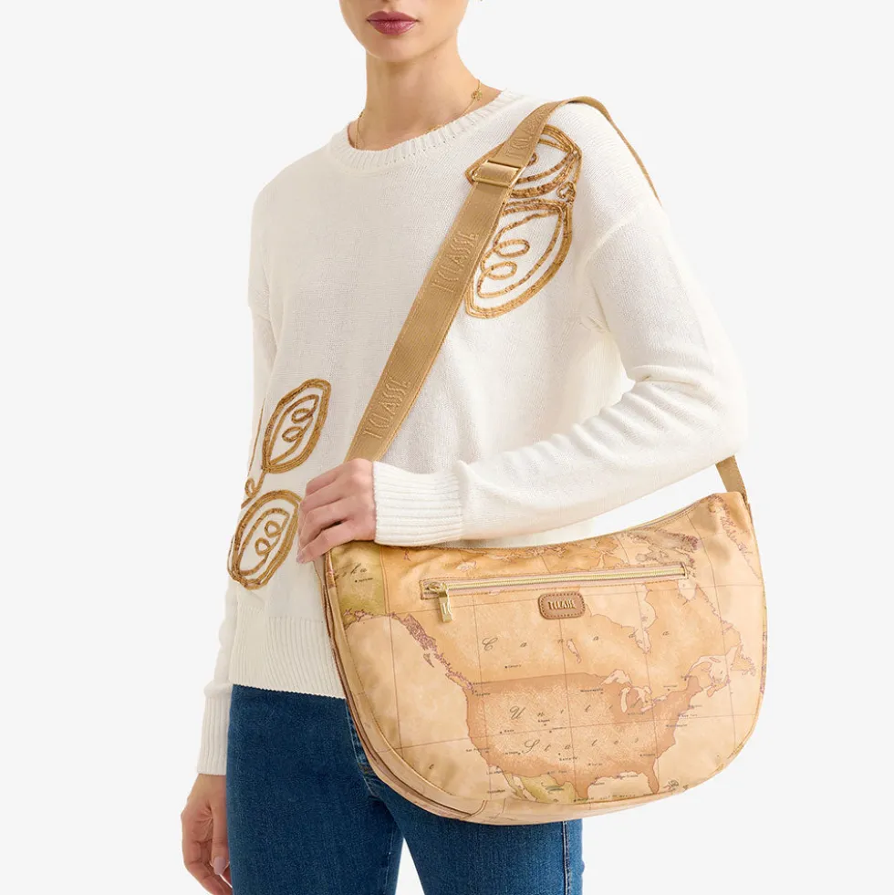 Borsa Donna Mezzaluna Grande 1A Classe Alviero Martini linea Soft Petals in Tessuto Soft Geo Classic e Cuoio LE54