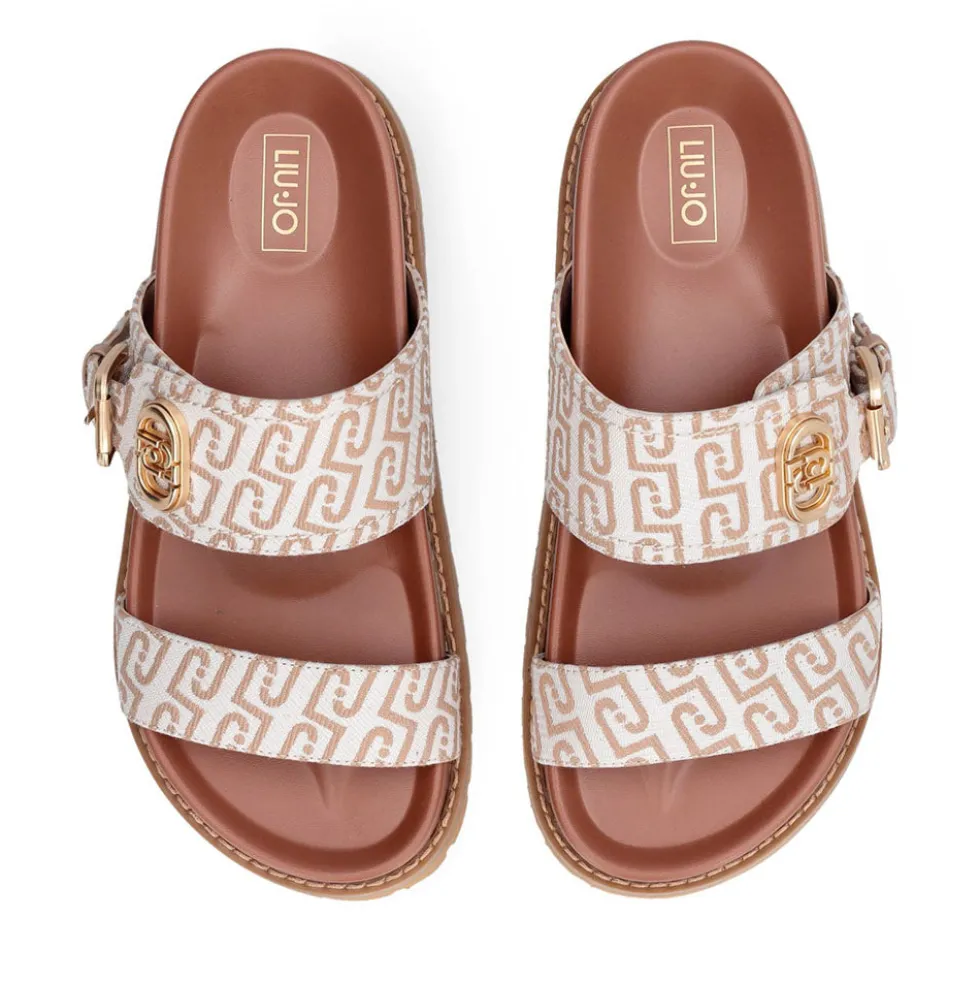 Ciabatte Donna Doppia Fascia LIU JO Livia 02 in Tessuto Jacquard Logato Beige