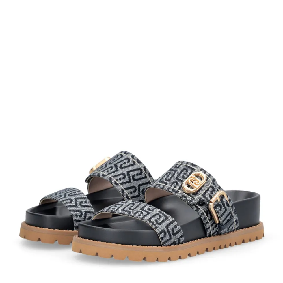 Ciabatte Donna Doppia Fascia LIU JO Livia 02 in Denim Jacquard Logato Blu Scuro