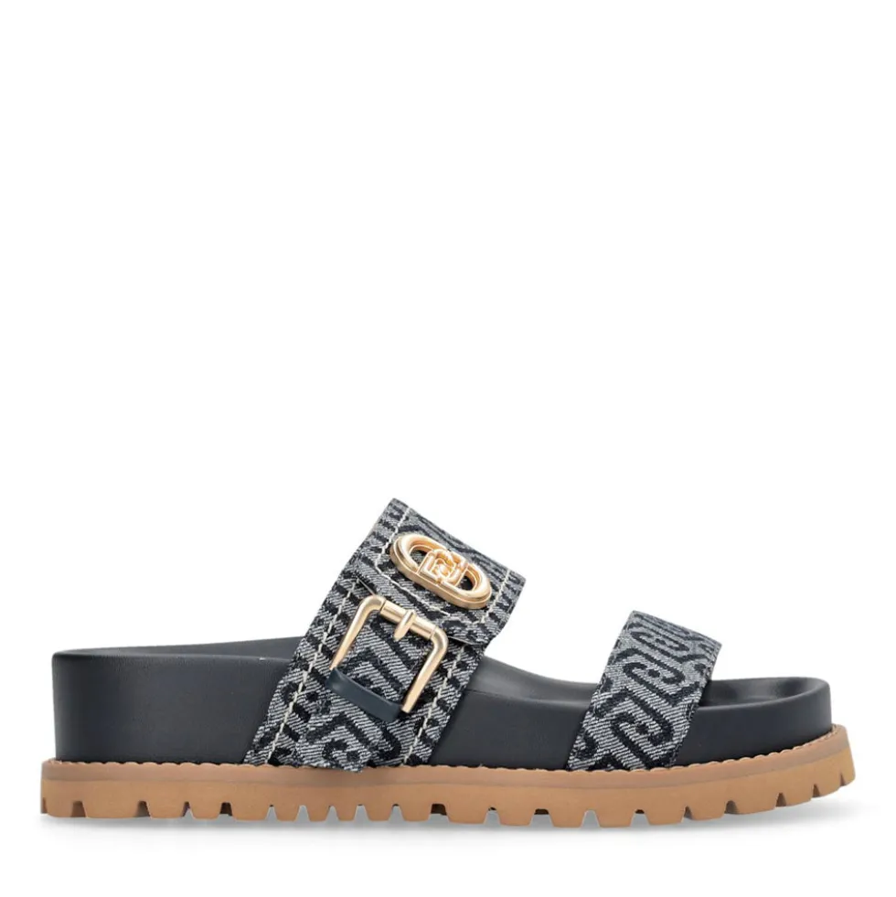 Ciabatte Donna Doppia Fascia LIU JO Livia 02 in Denim Jacquard Logato Blu Scuro