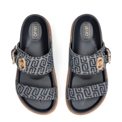 Ciabatte Donna Doppia Fascia LIU JO Livia 02 in Denim Jacquard Logato Blu Scuro