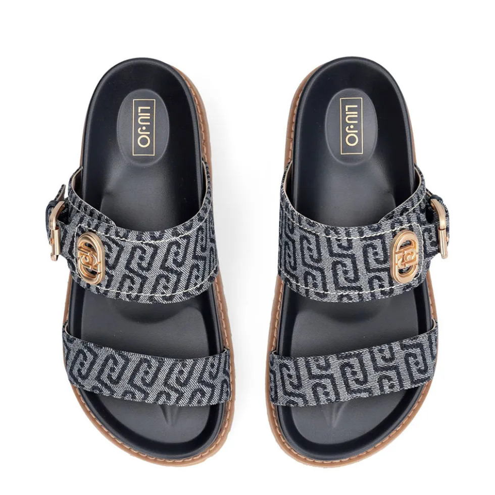 Ciabatte Donna Doppia Fascia LIU JO Livia 02 in Denim Jacquard Logato Blu Scuro