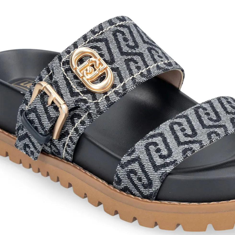 Ciabatte Donna Doppia Fascia LIU JO Livia 02 in Denim Jacquard Logato Blu Scuro