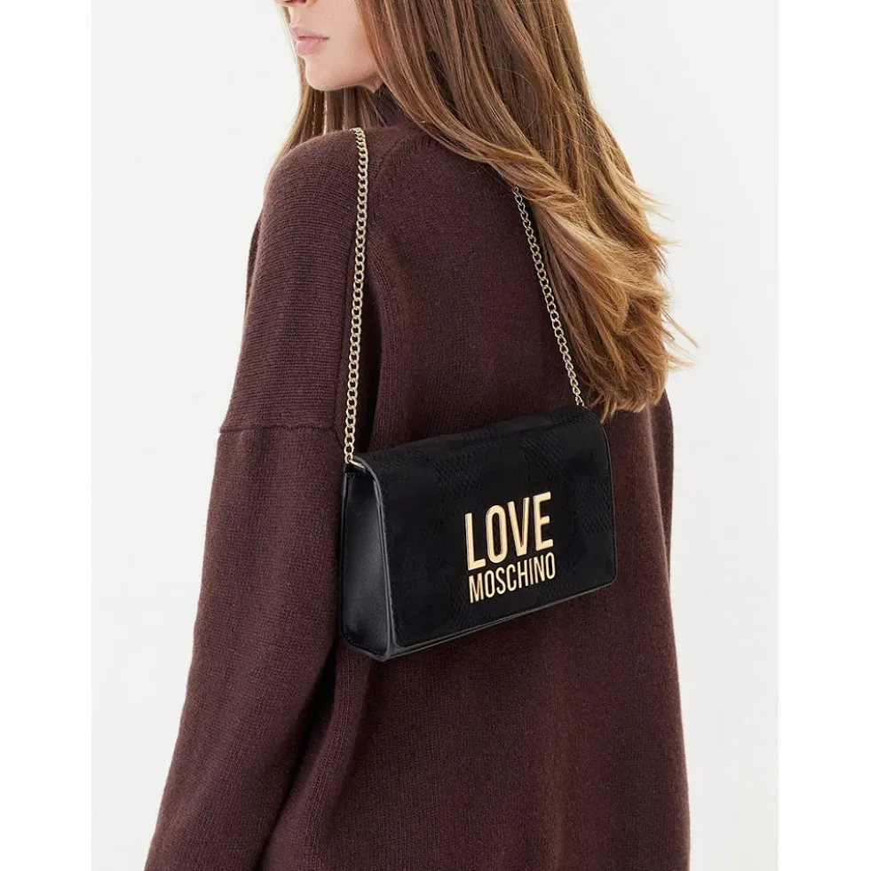 Clutch Donna con Tracolla LOVE MOSCHINO linea Gold Metal Logo in Tessuto Soft Nero