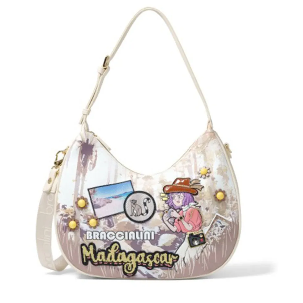 Hobo Bag Donna BRACCIALINI linea Cartoline stampa Madagascar