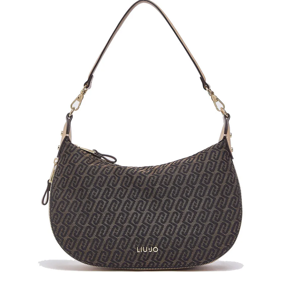 Hobo Bag Media con Tracolla LIU JO in Tessuto Jacquard Testa di Moro con Logo All Over