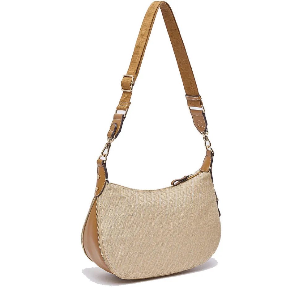 Hobo Bag Media con Tracolla LIU JO in Tessuto Jacquard Beige con Logo All Over