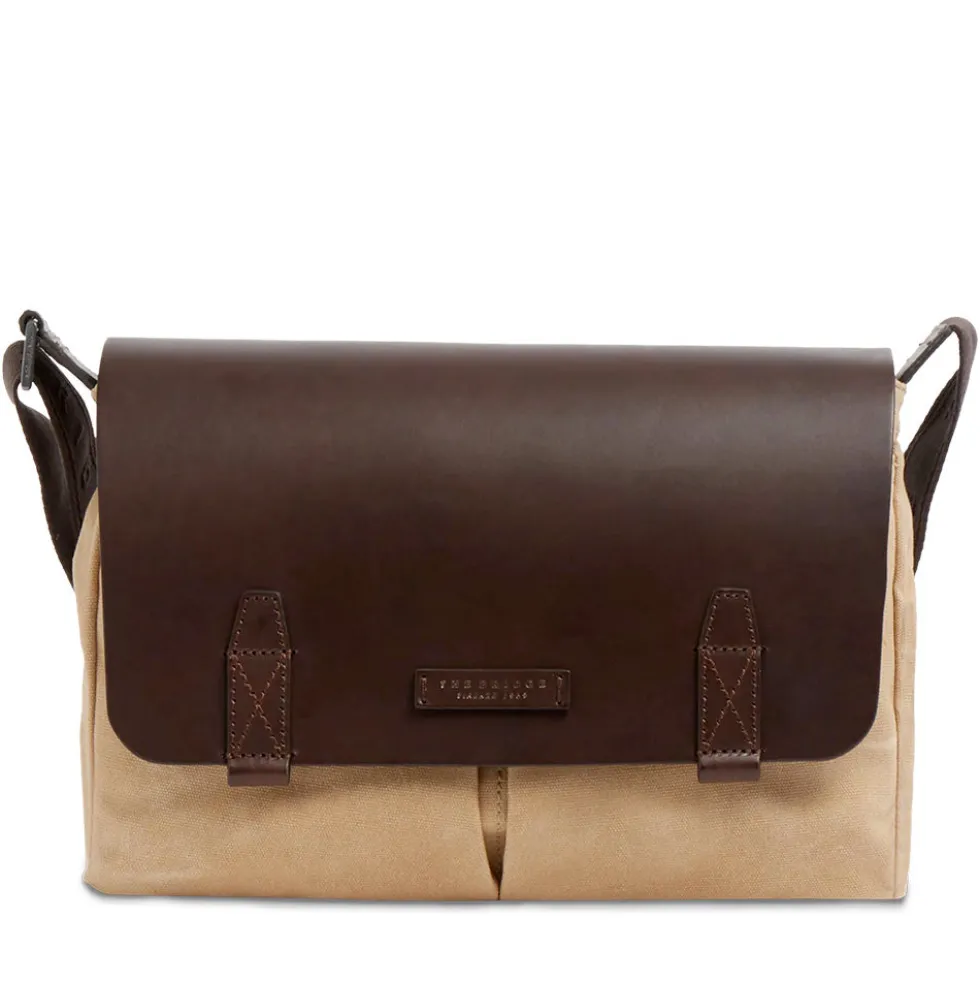 Messenger Uomo THE BRIDGE linea Igor in Tessuto Cerato Beige e Pelle Testa di Moro