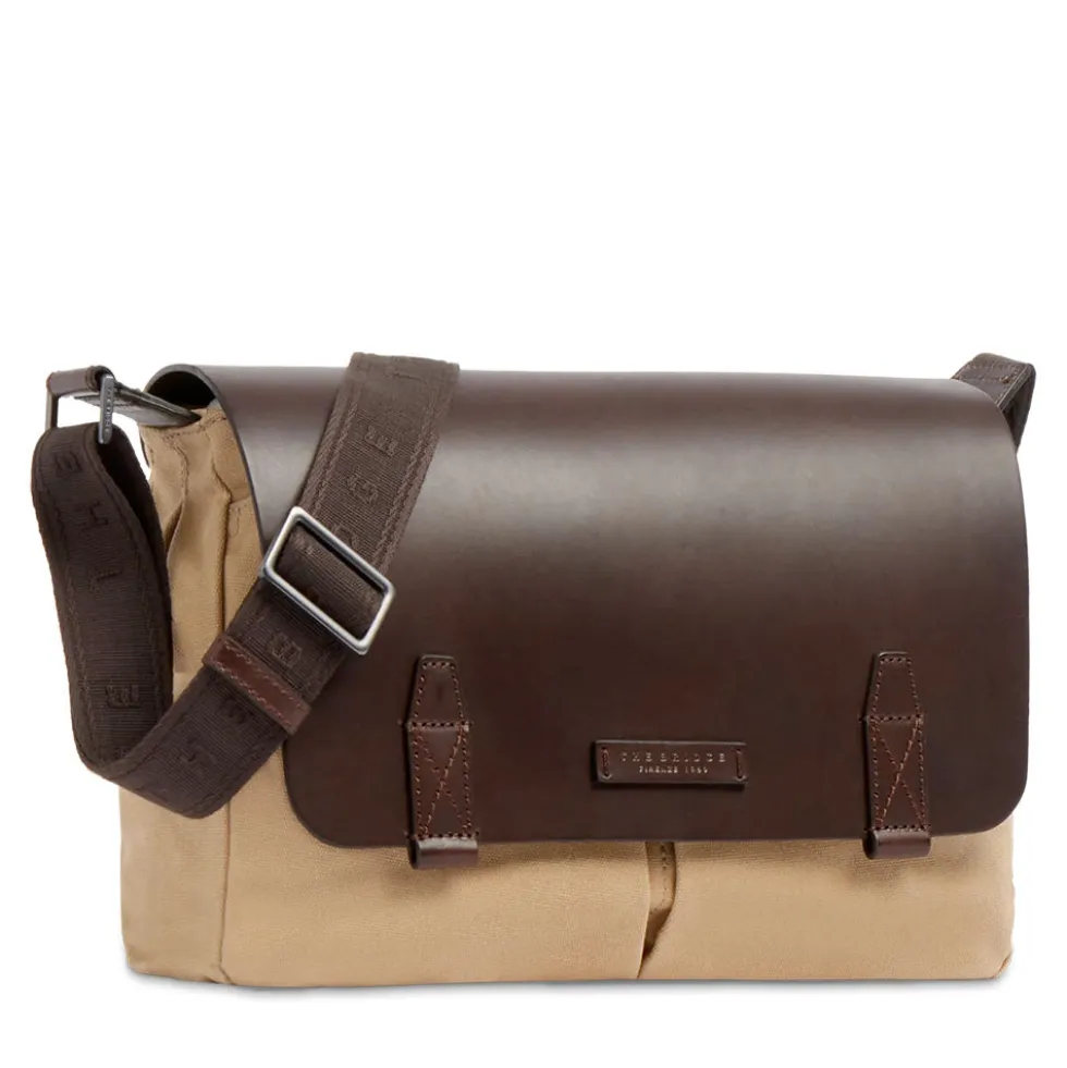Messenger Uomo THE BRIDGE linea Igor in Tessuto Cerato Beige e Pelle Testa di Moro