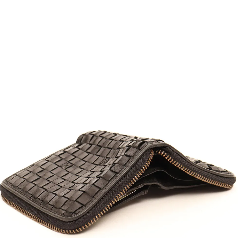 Portafoglio Donna Piccolo Zip Around in Pelle Nera Intrecciata Gianni Conti