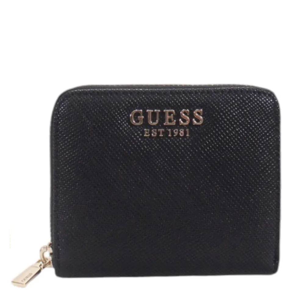 Portafoglio Piccolo GUESS Chiuso con Zip Linea Laurel Colore Nero Stampa Saffiano