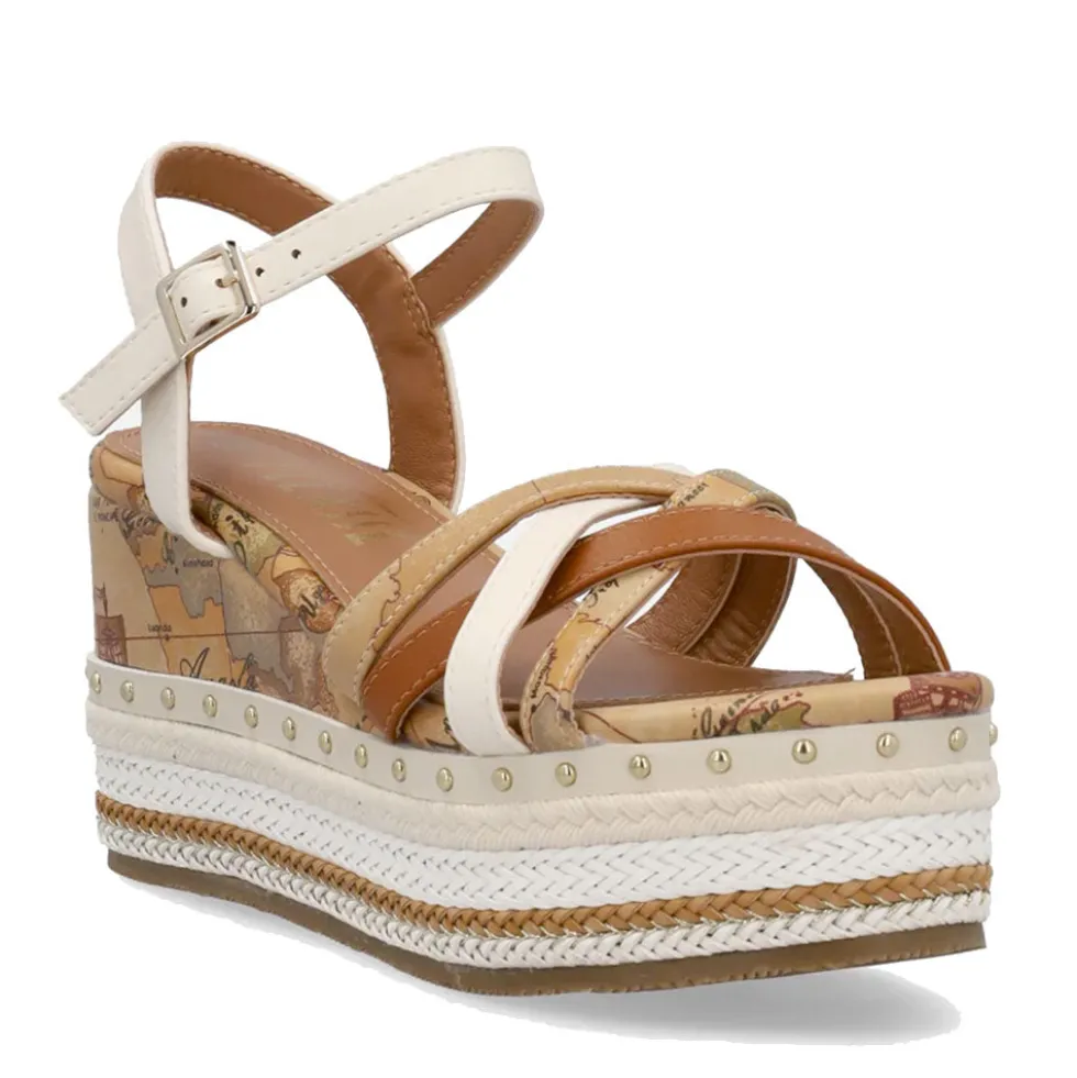 Sandali Donna con Zeppa 1A Classe Alviero Martini in Eco Nappa Bianca e Micro Borchie 1400