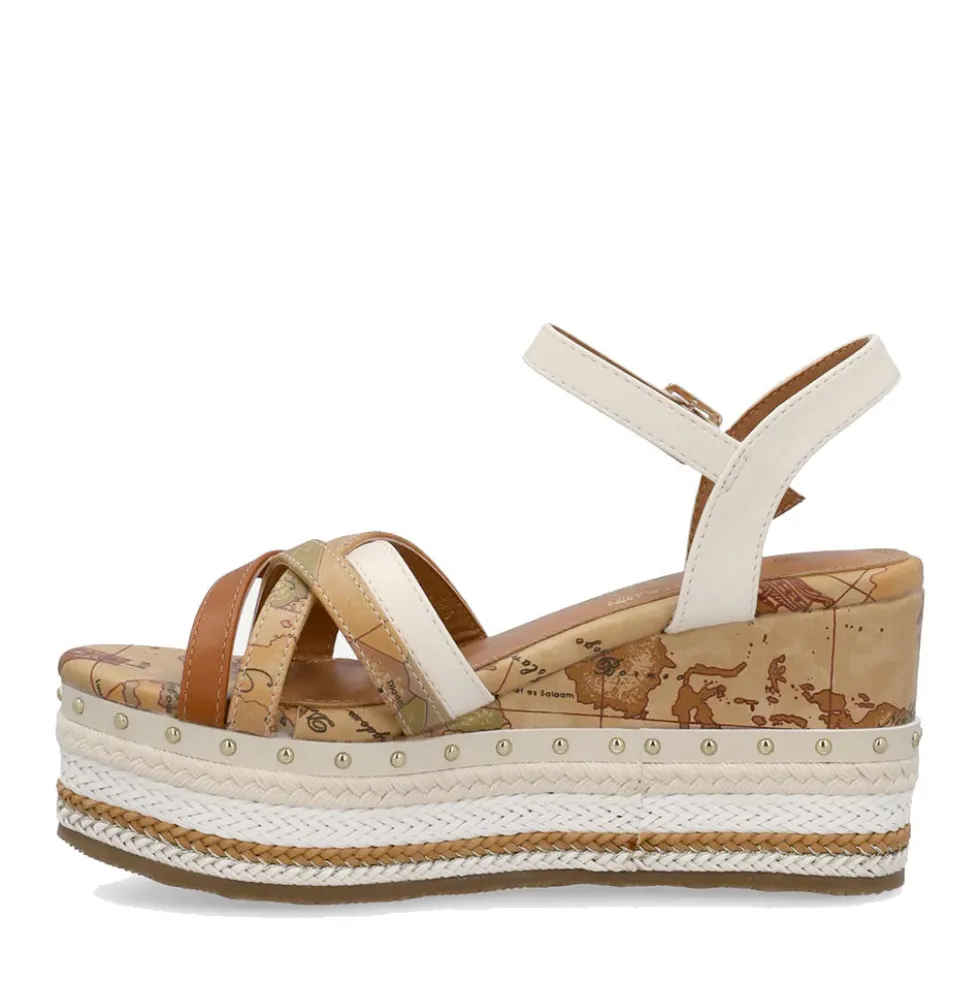 Sandali Donna con Zeppa 1A Classe Alviero Martini in Eco Nappa Bianca e Micro Borchie 1400