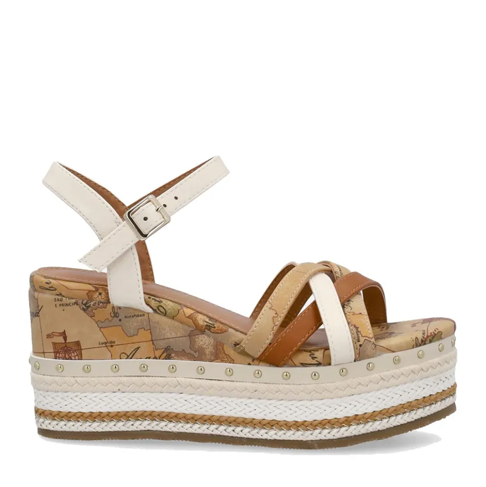Sandali Donna con Zeppa 1A Classe Alviero Martini in Eco Nappa Bianca e Micro Borchie 1400