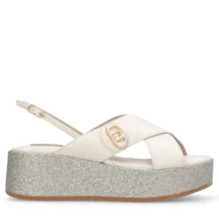 Sandali Donna con Zeppa Glitter LIU JO Flo 03 in Pelle color Latte