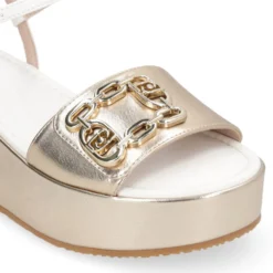 Sandali Donna con Zeppa LIU JO Flo 01 in Pelle Bianco e Light Gold
