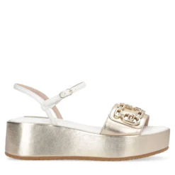 Sandali Donna con Zeppa LIU JO Flo 01 in Pelle Bianco e Light Gold