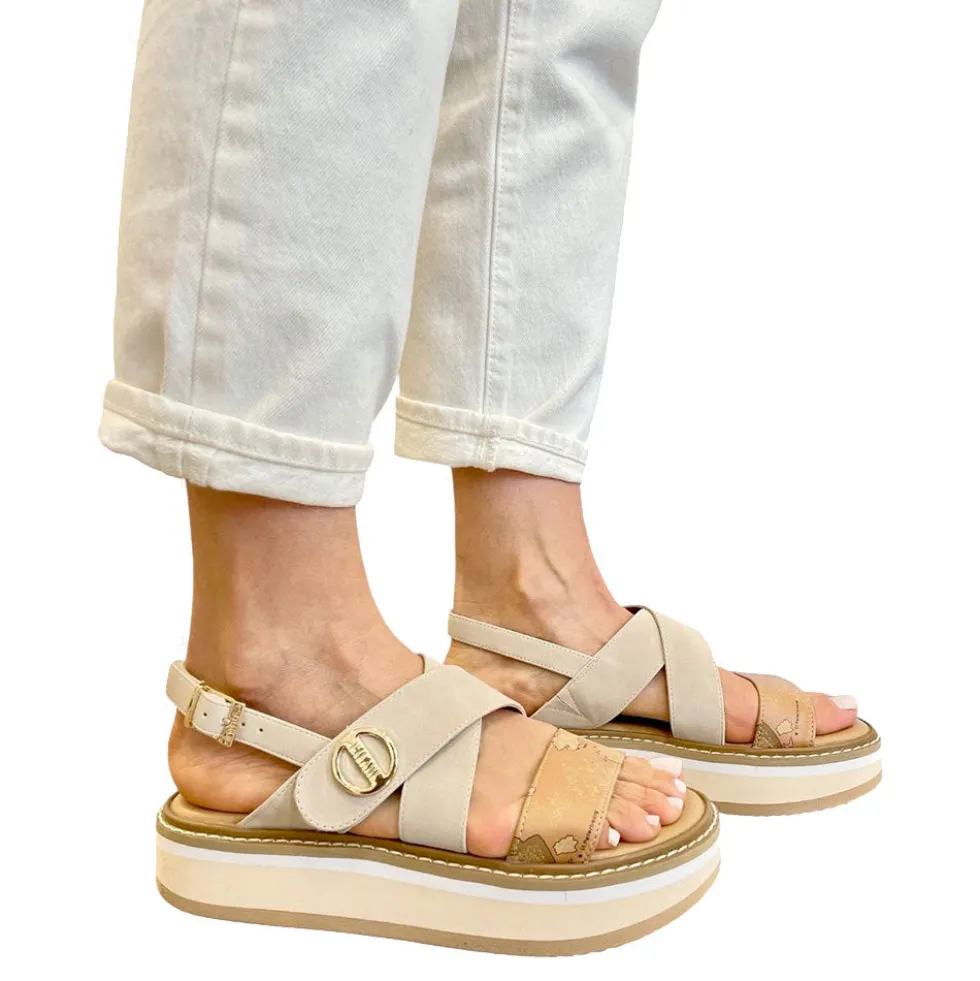 Sandali Platform 1A Classe Alviero Martini in Eco Nappa Scamosciata Sabbia e Geo Beige 2461