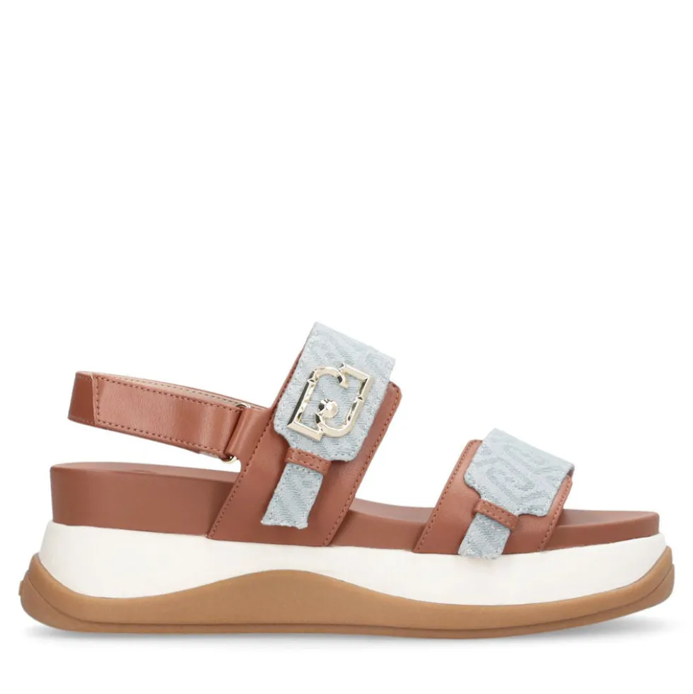 Sandali Platform Donna LIU JO Fiona 02 color Cuoio con Inserti Denim stampa Monogram