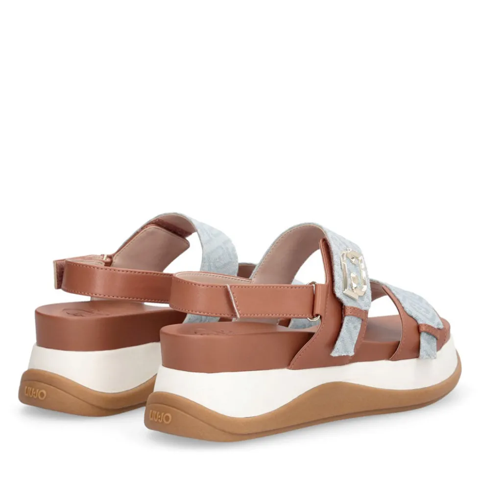 Sandali Platform Donna LIU JO Fiona 02 color Cuoio con Inserti Denim stampa Monogram