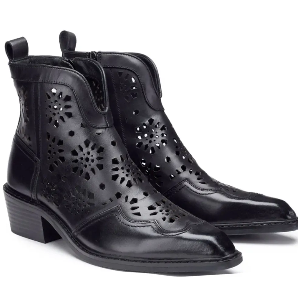 Scarpe Donna CULT Dolores Stivali Texani Bassi in Pelle Traforata Nera