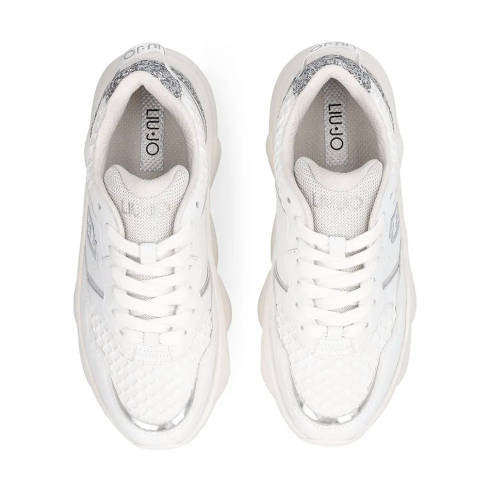 Scarpe Donna LIU JO Steffy 01 Sneakers Chuncky in Pelle Bianca con Inserto Glitter Argento
