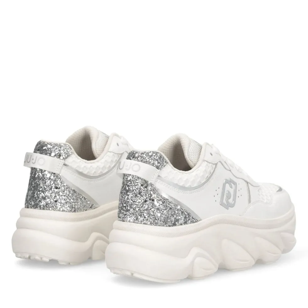 Scarpe Donna LIU JO Steffy 01 Sneakers Chuncky in Pelle Bianca con Inserto Glitter Argento