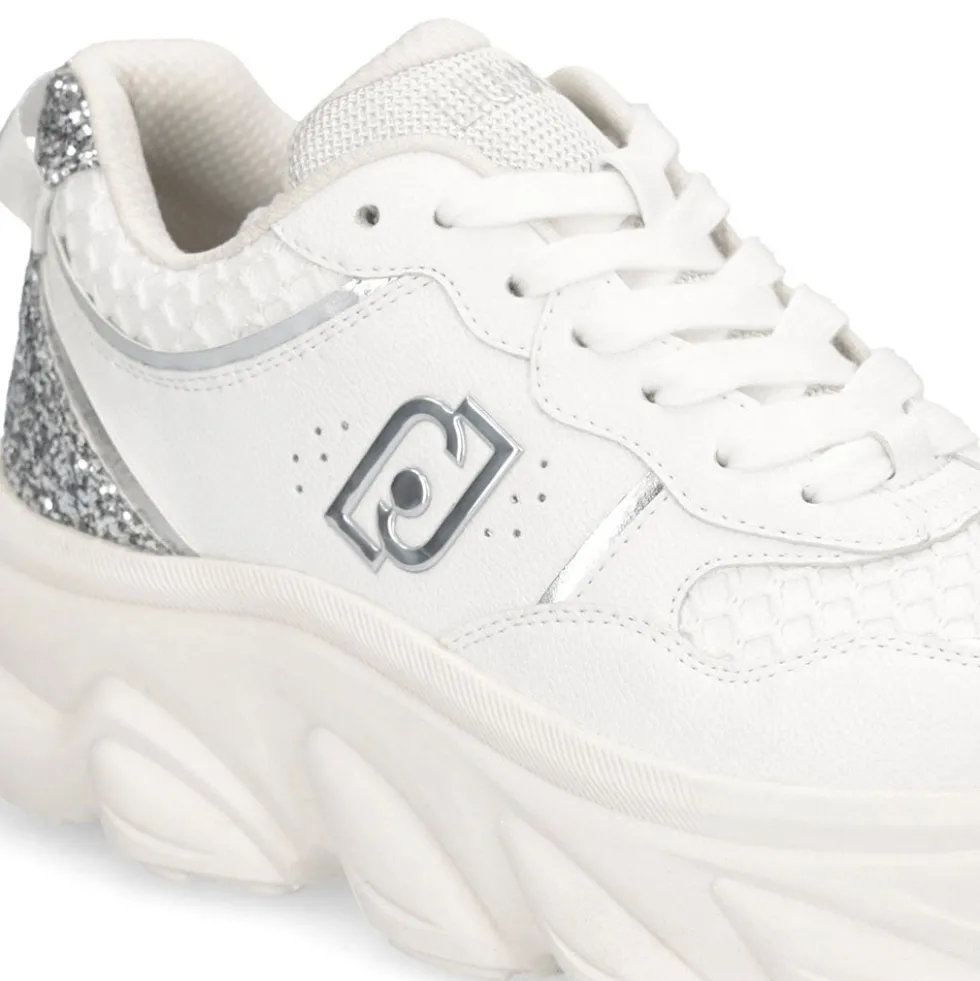 Scarpe Donna LIU JO Steffy 01 Sneakers Chuncky in Pelle Bianca con Inserto Glitter Argento