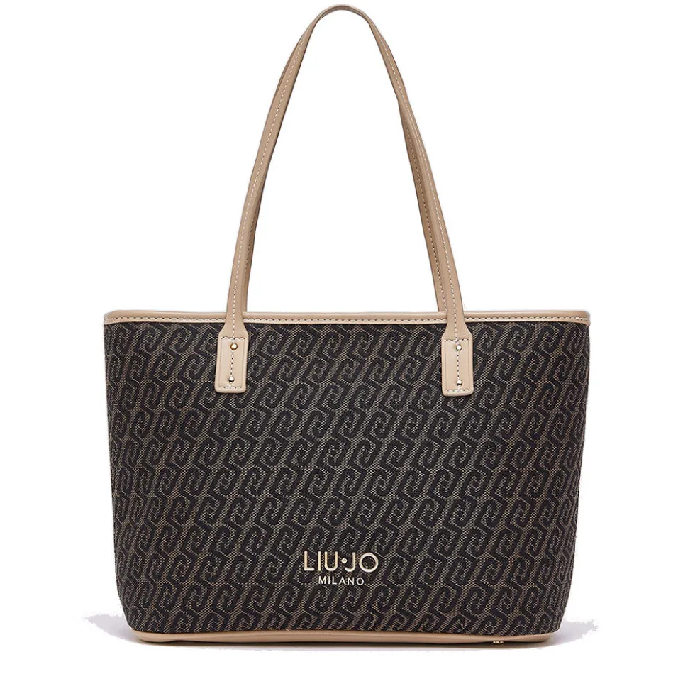 Shopping Bag Donna LIU JO in Tessuto Jacquard Testa di Moro con Logo All Over