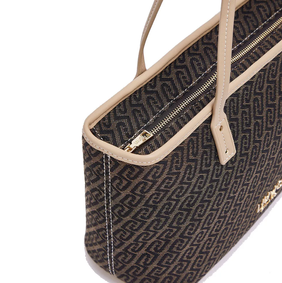 Shopping Bag Donna LIU JO in Tessuto Jacquard Testa di Moro con Logo All Over