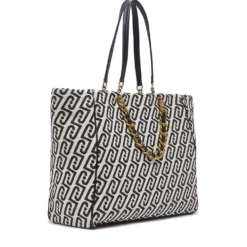 Shopping Bag Large Donna LIU JO in Tessuto Jacquard Bianco e Nero con Logo Monogram