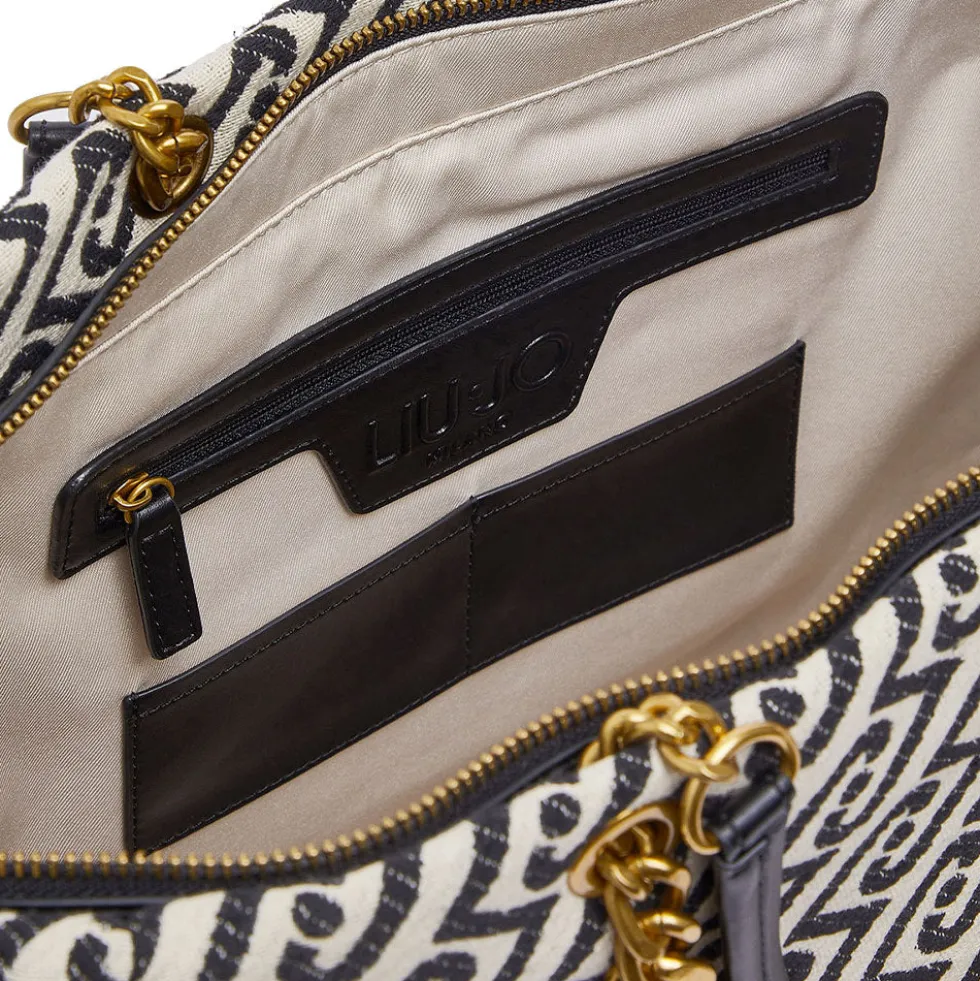 Shopping Bag Large Donna LIU JO in Tessuto Jacquard Bianco e Nero con Logo Monogram