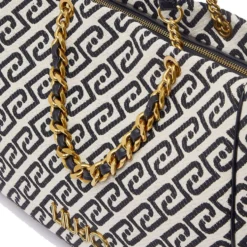 Shopping Bag Large Donna LIU JO in Tessuto Jacquard Bianco e Nero con Logo Monogram