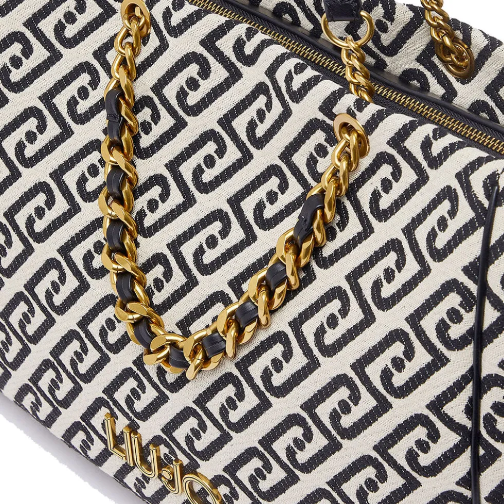 Shopping Bag Large Donna LIU JO in Tessuto Jacquard Bianco e Nero con Logo Monogram