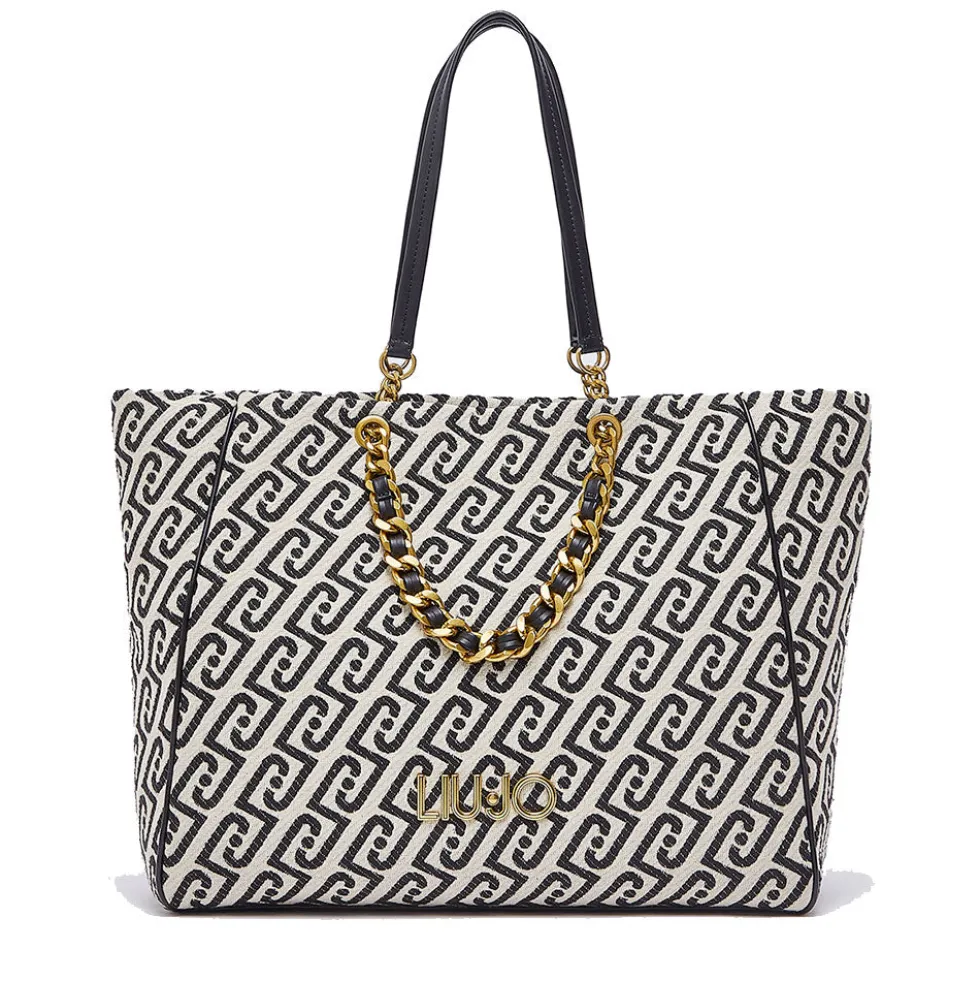 Shopping Bag Large Donna LIU JO in Tessuto Jacquard Bianco e Nero con Logo Monogram