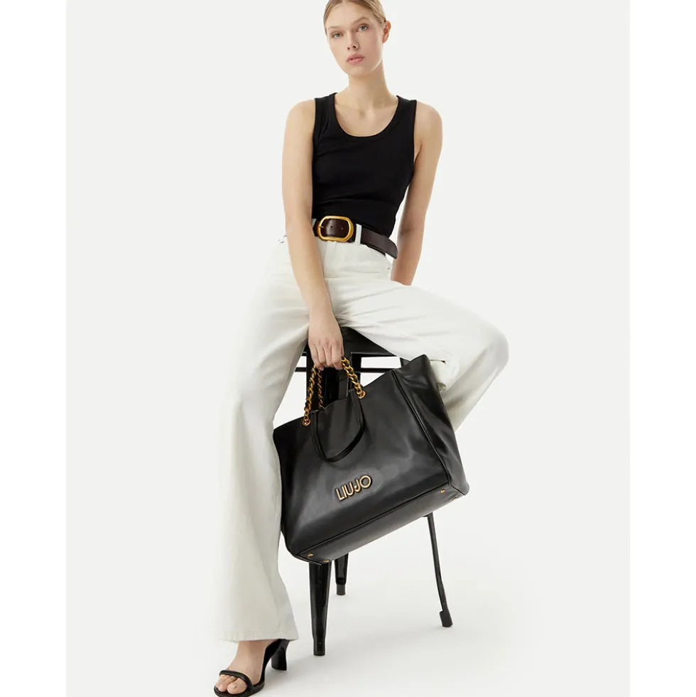 Shopping Bag Large Donna LIU JO in Tessuto Jacquard Bianco e Nero con Logo Monogram